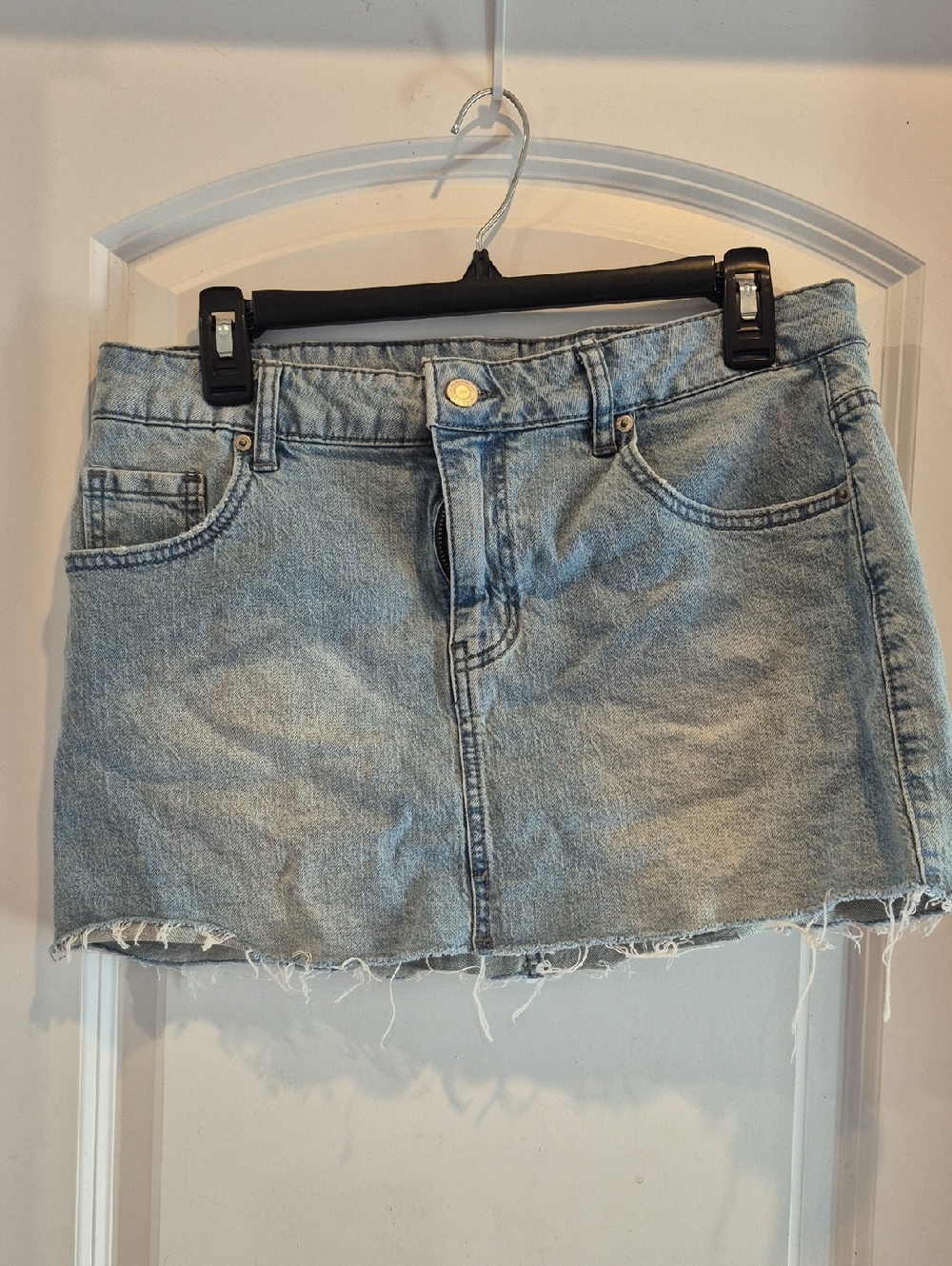 No Boundaries Light Blue Denim Mini Skirt with Frayed Hem